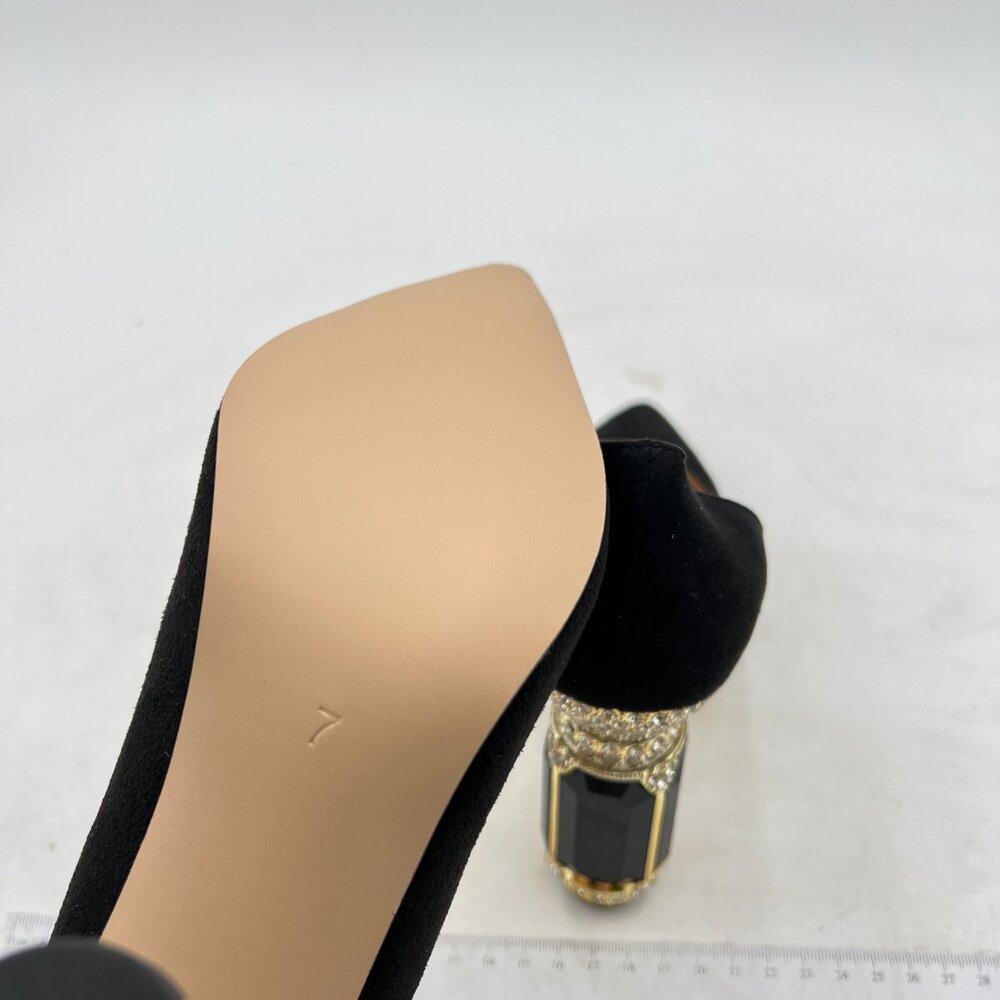 FSJ Black Bridal Pointed Toe Chunky High Heel Crystal Pumps Slip on Wedding Shoe - Picture 6 of 8